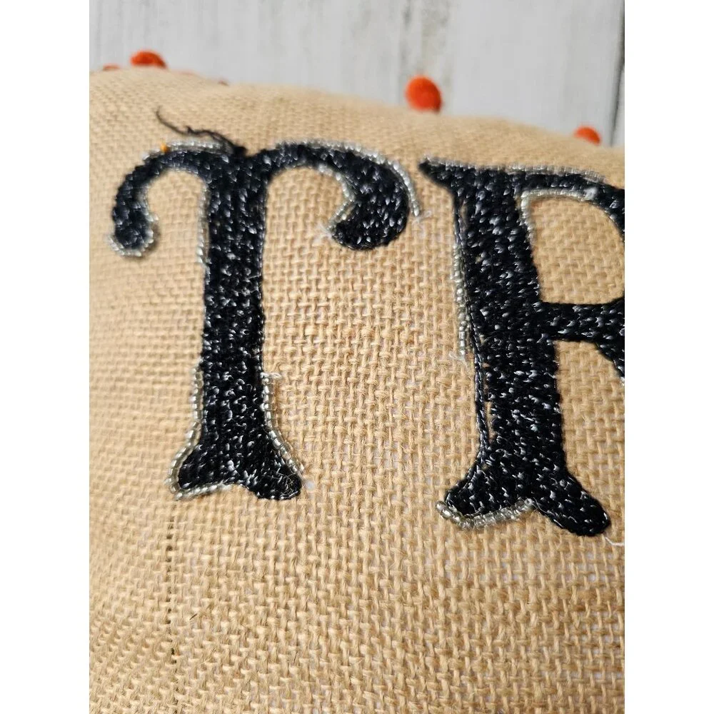 Trick or treat‎ Halloween beaded pillow burlap orange unique shabby chic spider